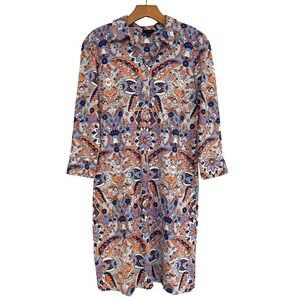 Talbots Womens XS Blue Orange Paisley Floral Knit 3/4 Sleeve Shirtdress Boho Mod
